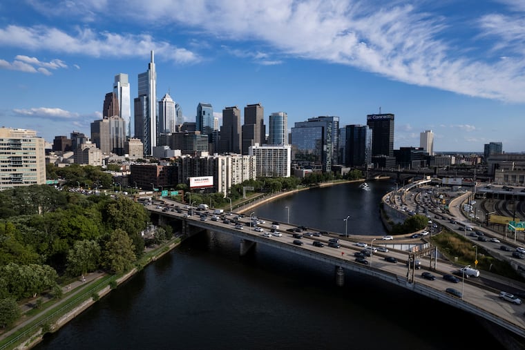 Traffic moves slowly at the interchange of the Schuylkill Expressway and the Vine Street Expressway on Monday, Aug. 25, 2025, in Philadelphia. Thirty-two SEPTA bus routes were cut and 16 were shortened, forced by massive budget deficits and the lack of a new budget in Harrisburg.