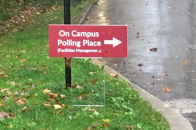 Sign at Haverford College points voters in the direction of the new polling place on campus.