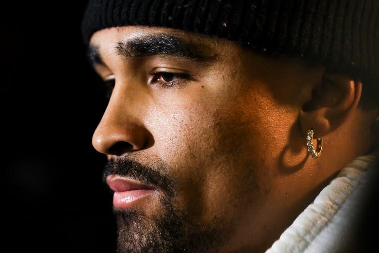 Eagles quarterback Jalen Hurts speaking to reporters at his locker at the NovaCare Complex on Wednesday.