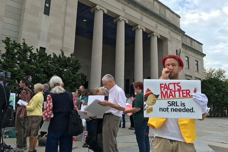 Opponents of the gas line gathered outside for the vote. Karlos Basak of Freehold dressed as Pinocchio for what he said were the “lies” of some members of the Pinelands Commission.