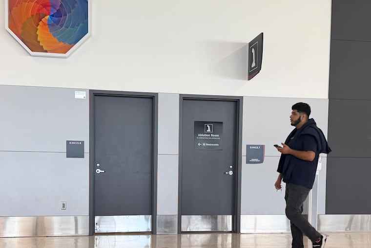 A wudu room at George Bush Intercontinental Airport in Houston. Travelers can use the washing stations to prepare for Muslim prayers. (Molly Hennessy-Fiske/The Washington Post)