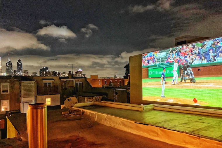 The rooftop deck has a great view of the Philadelphia skyline and works for viewing outdoor movies or sports.