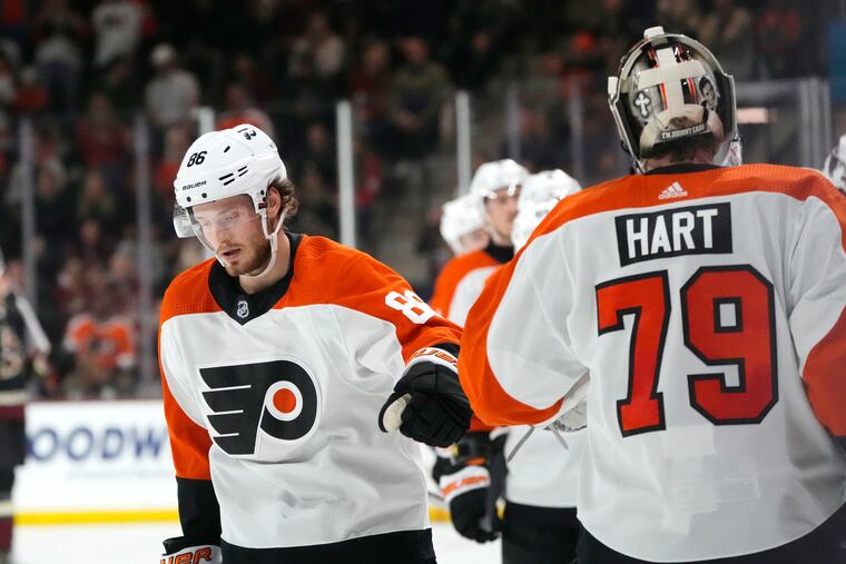 With four losses in the past five games, three of the forward lines get a shuffle. Joel Farabee (86) moves up to the top line.