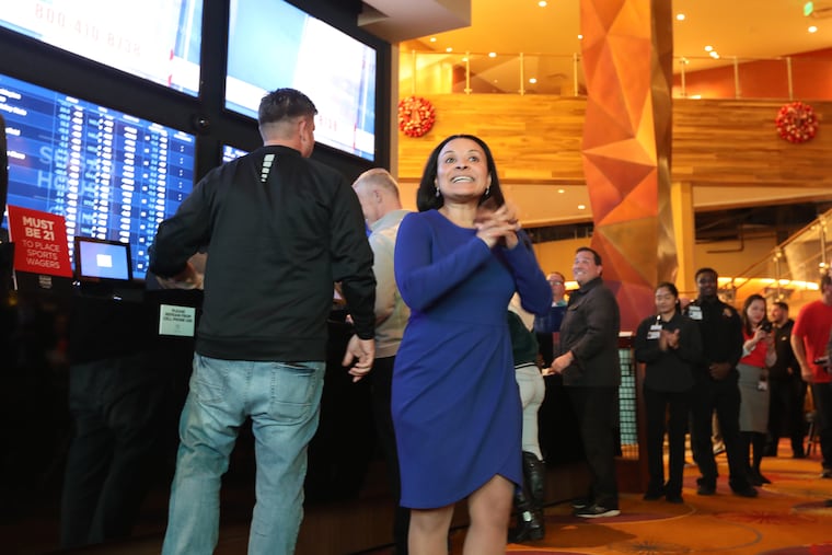 General Manager Cheryl Duhon announces that SugarHouse Casino launches sports betting at its temporary sports book Thursday December 13, 2018 DAVID SWANSON / Staff Photographer .
