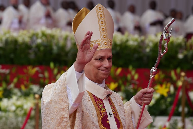 Pope Leo XIV arrives to celebrate Mass at the Malabo stadium, in Malabo, Equatorial Guinea, on Thursday, the last day of his 11-day pastoral visit to Africa.