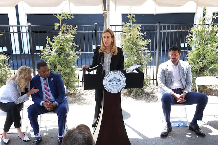 Gov Mikie Sherrill addresses the crowd gathered at the ribbon for new luxury townhouses on Kentucky Avenue, known as The Residences at Orange Loop in Atlantic City on Wednesday May 20. 2026.