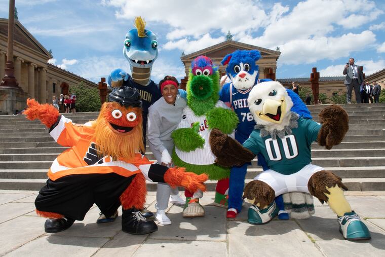 "Good Morning America" anchor Robin Robert hit the Art Museum's "Rocky" steps on Wednesday with Philly's sports mascots. "GMA" will broadcast from Eakins Oval on Thursday.