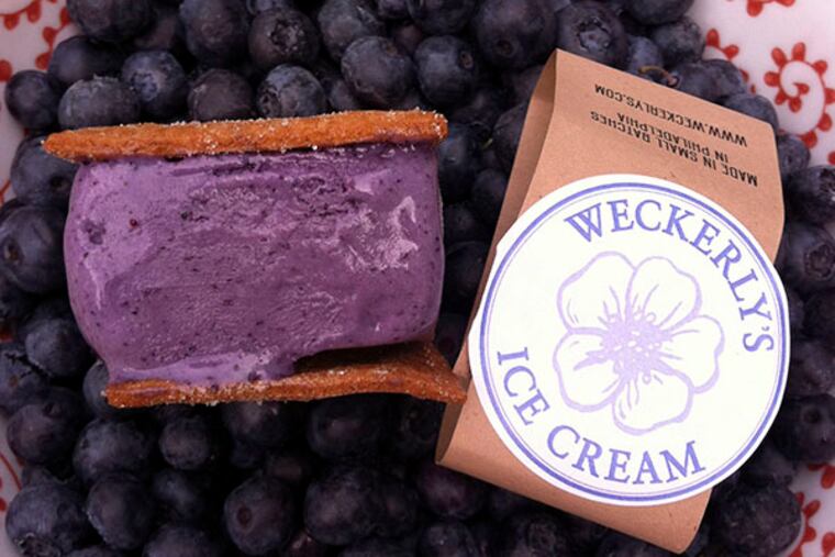Weckerly's Blueberry Ice Cream Sandwich is a custard-creamy piece of Blueberry Heaven laced with a touch of dark rum and lime zest. (DAN GERINGER / Daily News Staff)
