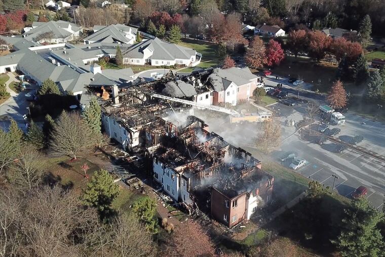 A five-alarm fire ravaged a large nursing home complex, Barclay Friends Senior Living, in West Chester late Thursday night into Friday morning, forcing the evacuation of scores of residents into 40-degree temperatures.