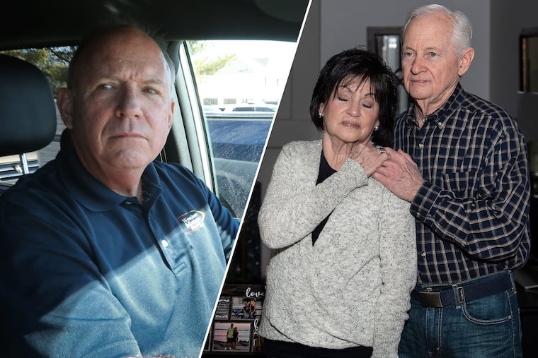 Larry Weathers III, left, watched a drunk driver kill the daughter of Roseann and Richard DeRosa, right, and then prayed over the woman as she died on Feb. 16, 2009, in Upper Chichester, Pa. A decade earlier, Mr. Weathers was the subject of an extensive Inquirer series after Weathers Dodge was among 789 Chrysler dealers ordered out of business during the near-collapse of the U.S. economy in 2009.