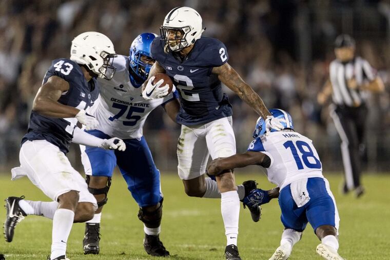 Penn State’s Marcus Allen (2), returning an interception against Georgia State in September.