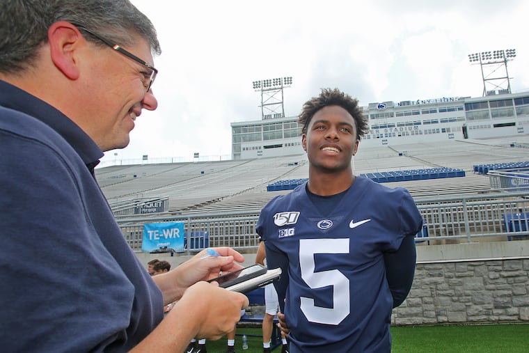 Penn State wide receiver Jahan Dotson (5) during the program's annual media day in August.