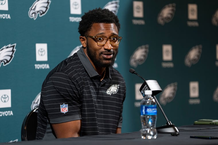The Eagles' Jonathan Greenard, acquired in a trade from the Vikings on Friday, speaks to the media during a press conference held Saturday.