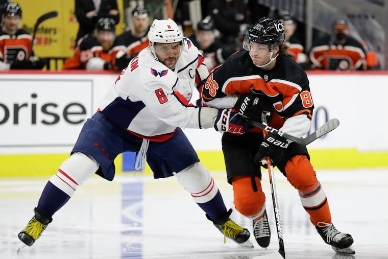 The emergence of Flyers right winger Joel Farabee, battling for position against Washington Capitals winger Alex Ovechkin, has been the team's best story in the season's first half.