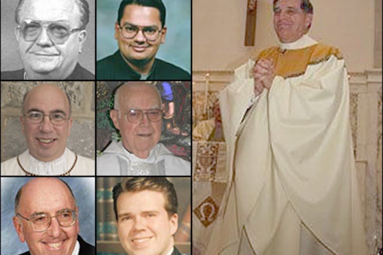 Among the priests placed on administrative leave are (clockwise from top left) Msgr. Francis Feret, Rev. Mark E. Fernandes, Msgr. Joseph Logrip, Rev. Zachary Navit, Rev. John F. Bowe, Rev. Andrew McCormick and the Rev. Daniel J. Hoy (center). (Archdiocese publications)