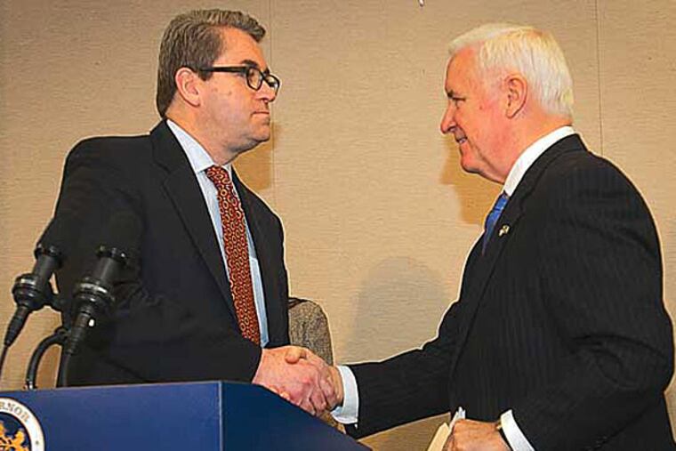 Philadelphia City Councilman Bill Green (left) shaking Gov. Corbett's hand after being nominated to head the School Reform Commission. Up next: Choosing a successor for the Council seat. (ALEJANDRO A. ALVAREZ / Staff Photographer)