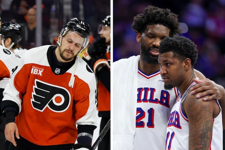 Left: Flyers right wing Travis Konecny skates looking down at the ice after the Flyers lost to the Carolina Hurricanes on Saturday. Right: Joel Embiid talks with Justin Edwards during Game 4 of the Eastern Conference semifinals before the New York Knicks swept the 76ers on Sunday.