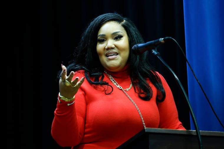 Dr. Sonia Lewis speaks to Bodine High School for International Affairs senior students on Friday, December 19, 2025. Dr. Lewis gifted $16,200 for the 2026 senior class, to cover senior school fees. Dr. Lewis is giving back after the Northern Liberties high school helped her during a difficult time, while she was a student 20-yrs-ago.