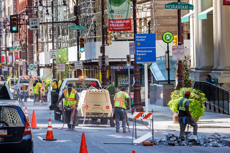 Construction workers on S. Broad Street in Philadelphia on Monday, September 9, 2024.