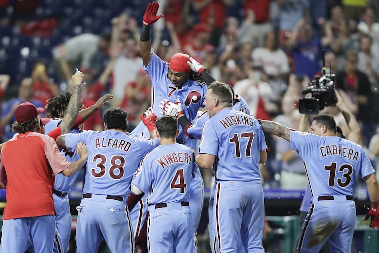 Phillies Maikel Franco celebrates his walk-off home run against the Marlins on Thursday.