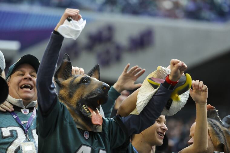 Eagles fans cheer at Super Bowl LII, at U.S. Bank Stadium, in Minneapolis, Minnesota, Sunday, Feb. 4, 2018.