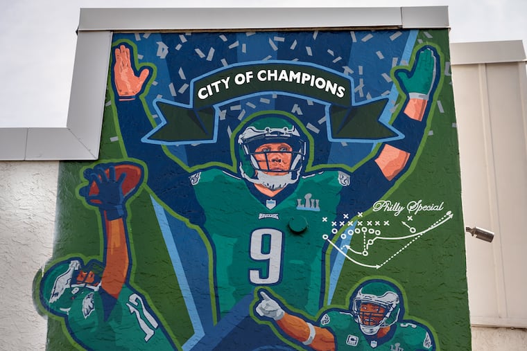 Detail of the Super Bowl LII mural on the side of Spike's Trophies, 2701 Grant Ave., near the Northeast Philadelphia Airport on Tuesday, Aug. 22, 2023. An extension of the 2015 "City of Champions" by Mural Arts Philadelphia artist David McShane, it was added in 2018 on the other side of the building following the Super Bowl win.