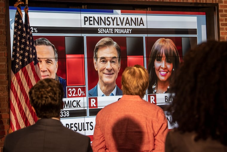Supporters at a primary night election gathering for Mehmet Oz in Newtown, Pa.