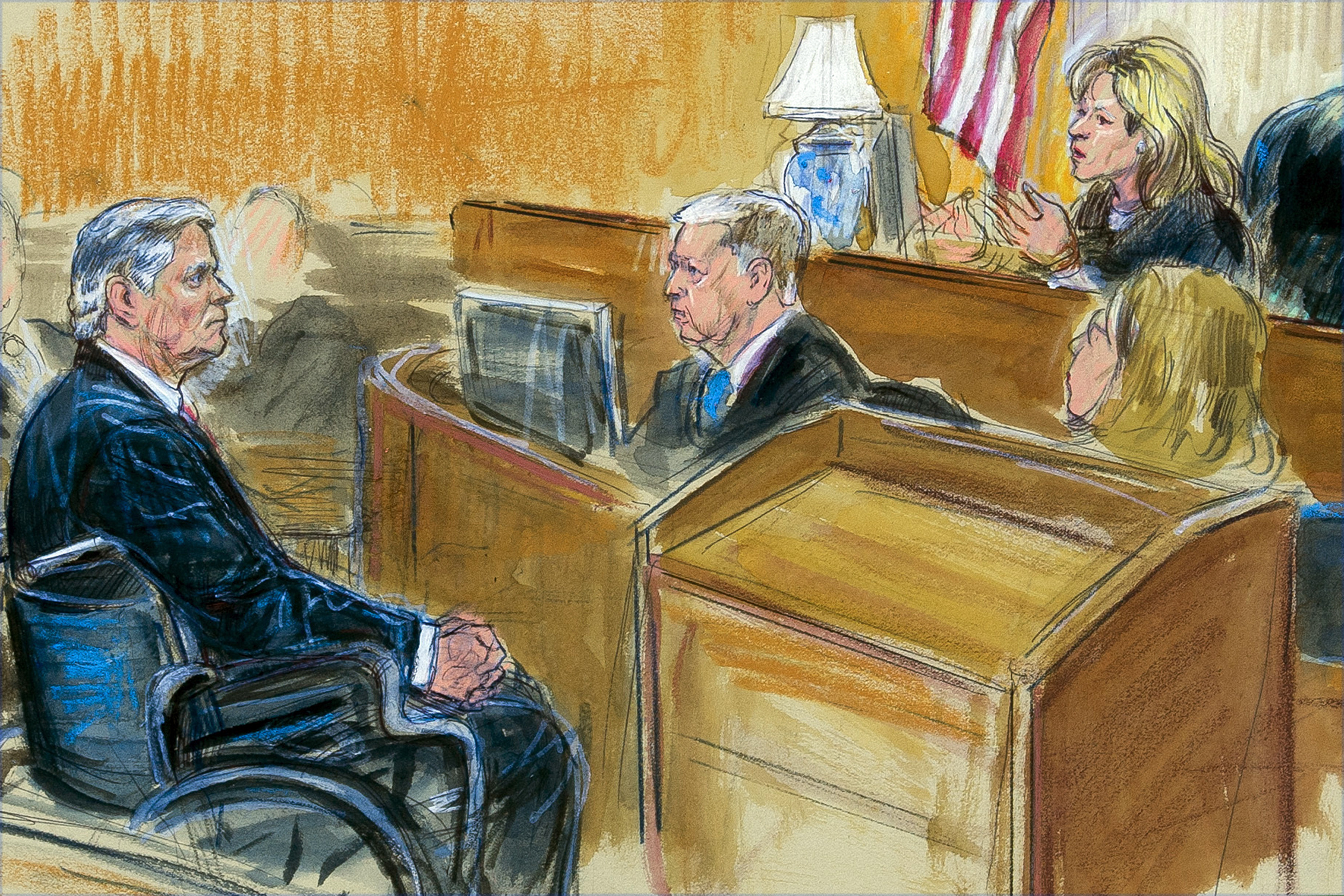 This courtroom sketch shows Paul Manafort — whose name came up multiple times throughout the Mueller investigation — listening to Judge Amy Berman Jackson in the U.S. District Courtroom during his sentencing hearing in March.