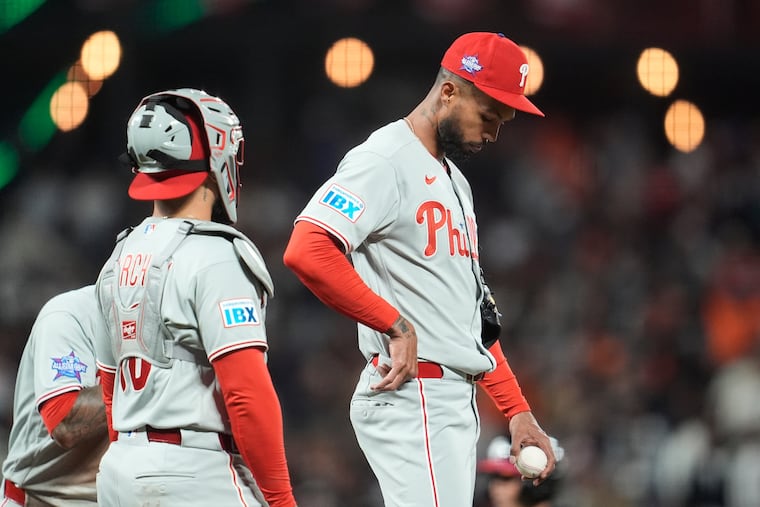Phillies pitcher Cristopher Sánchez (right) lasted just five innings and allowed 11 hits and two earned runs.