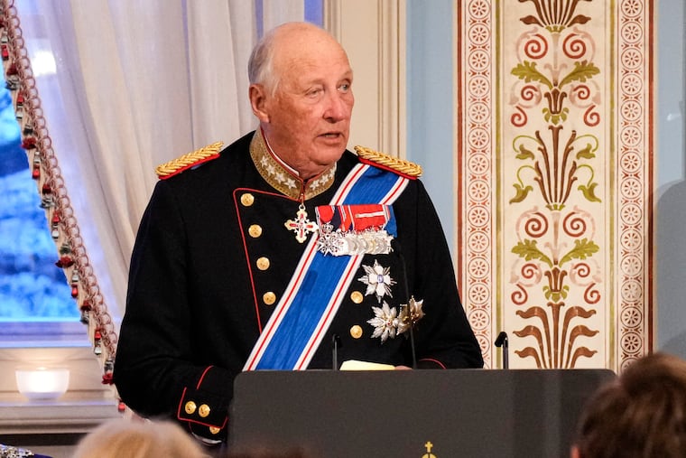 Norway's King Harald gives a speech during the state visit of the Icelandic presidential couple, in Oslo, on April 8, 2025.