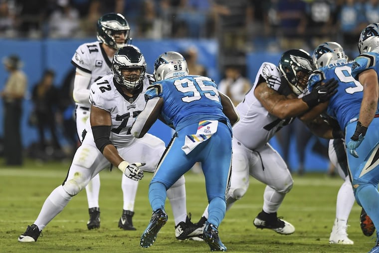Philadelphia Eagles offensive lineman Halapoulivaati Vaitai (72) made his first start of the season Thursday night at the Carolina Panthers.