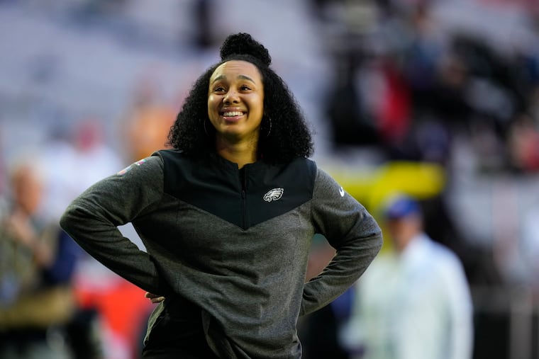 Philadelphia Eagles' Autumn Lockwood smiles before during the NFL Super Bowl 57 football game against the Kansas City Chiefs in Glendale, Ariz.