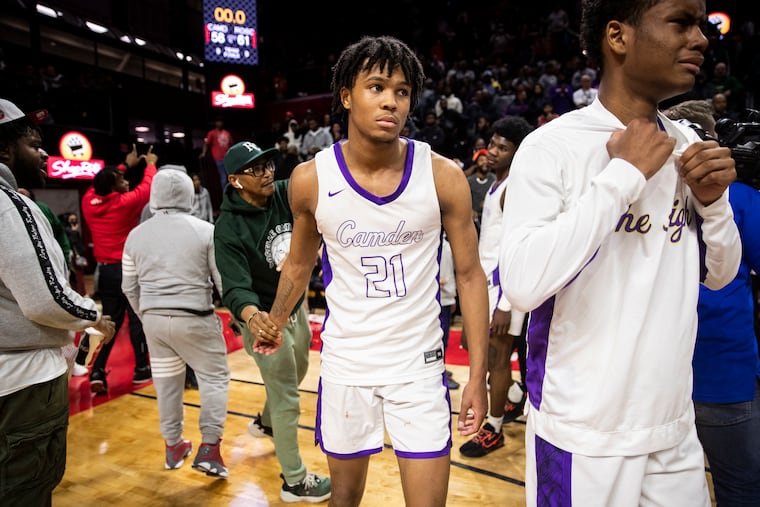 Camden High School junior Dajuan Wagner Jr. reacts at the conclusion of the NJSIAA Tournament of Champions final at Jersey Mike's Arena in Piscataway, N.J. on Sunday, March 20, 2022. Roselle Catholic won 61-58 in overtime.