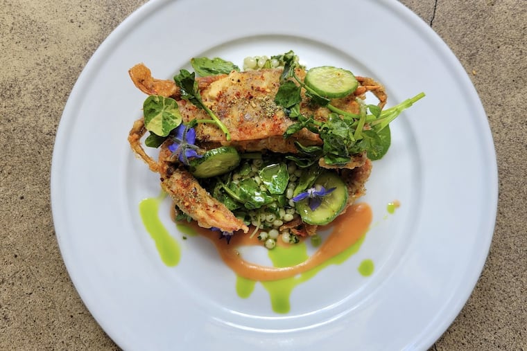 Soft-shell crab with ramp leaves, Persian cucumber, and watercress at Stina, 1705 Snyder Ave.