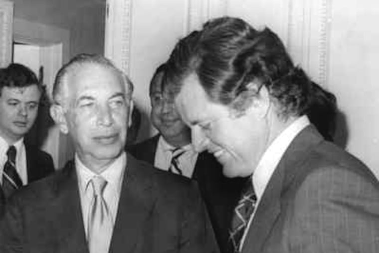 Schwartz talks politics in 1974 at the Bellevue with U.S. Sen. Teddy Kennedy (right) and Vince Fumo (left), then a state Senate aide.