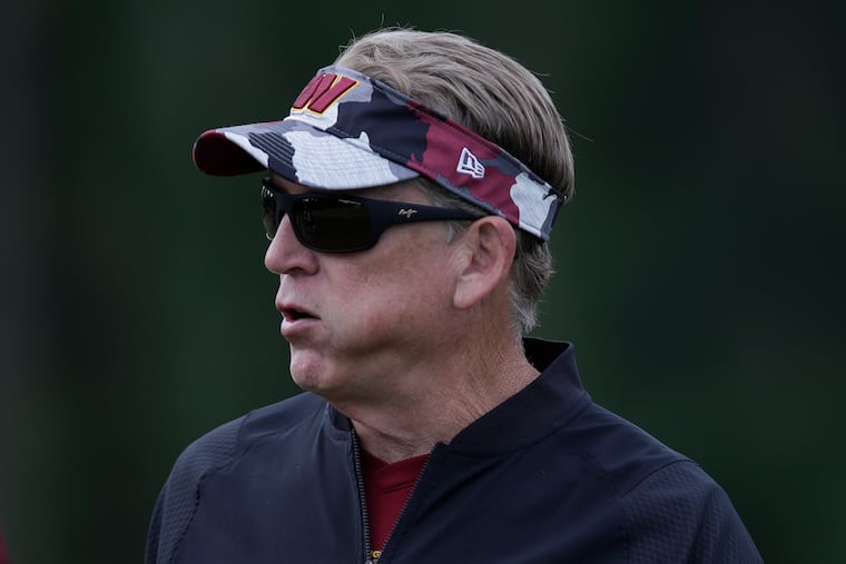 Washington Commanders defensive coordinator Jack Del Rio is seen during an NFL football OTA practice at Inova Sports Performance Center in Ashburn, Va.