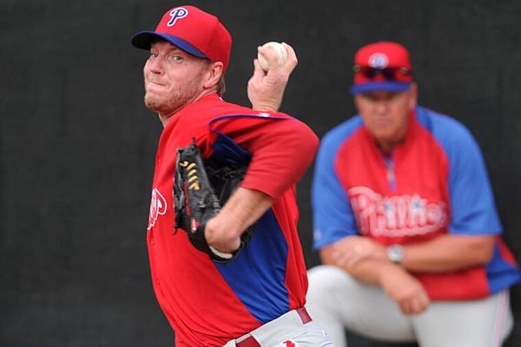 Phillies pitcher Roy Halladay throws during spring training in Clearwater, Florida on Wednesday, February 13, 2013. (Clem Murray/Staff Photographer)