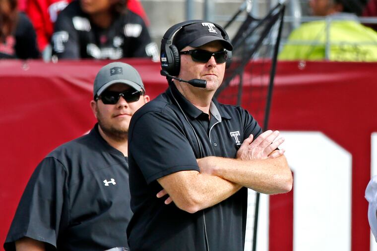 Temple coach Rod Carey looks on in the third quarter of an American Athletic Conference football game against Memphis on Saturday, Oct. 12, 2019, at Lincoln Financial Field. The Owls went on to win, 30-28. LOU RABITO / Staff