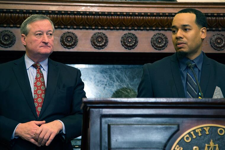 Jack Drummond (right), speaks at a news conference where he was announced as the new Director of the Office of Black Male Engagement at City Hall. Mayor Kenney (left) and Drummond hope to implicate more elements from President Obama's my Brother's Keeper initiative in the city, as well as the Mayor's Commission on Black Male Empowerment, which was recently made permanent.