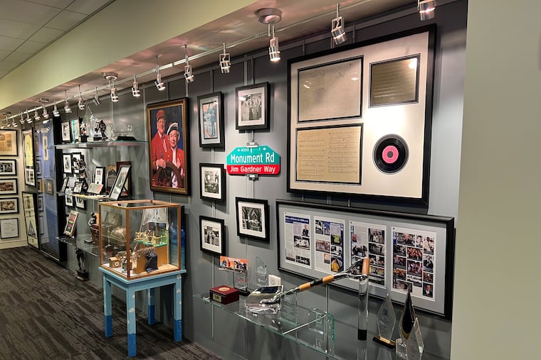 The sheet music for the 6abc Action News theme hangs on the TV station history wall, which is adorned with other prized artifacts.