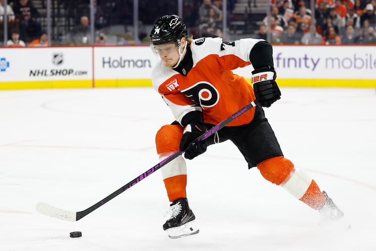 Flyers right wing Owen Tippett skates the puck against the Ottawa Senators on Thursday, February 5, 2026 in Philadelphia.