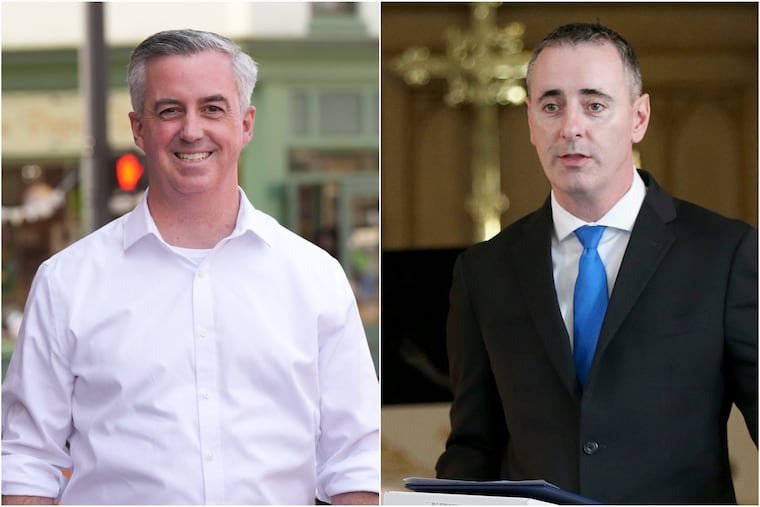 Bucks County Commissioner Bob Harvie (left) and U.S. Rep. Brian Fitzpatrick (R., Bucks). Harvie, a Democrat, is running in the primary to challenge Fitzpatrick in the fall.
