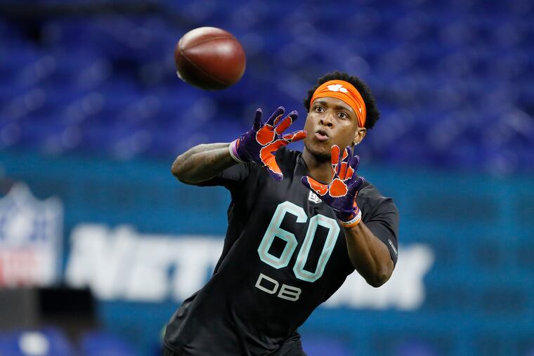 Clemson defensive back K'Von Wallace runs a drill at the NFL football scouting combine in Indianapolis, Sunday, March 1, 2020. (AP Photo/Charlie Neibergall)