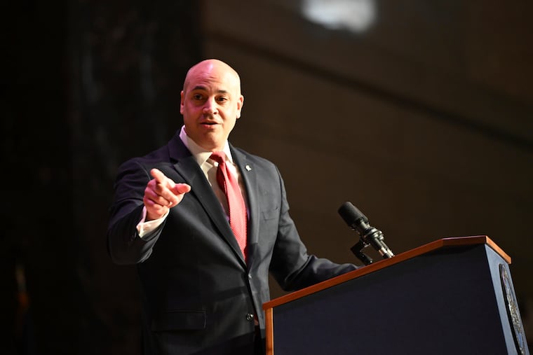 Dave Sunday gestures while speaking to the audience in the Forum Auditorium across the street from the Capitol after taking the oath of office to become Pennsylvania's next attorney general, Jan. 21, 2025, in Harrisburg, Pa. (AP Photo/Marc Levy)