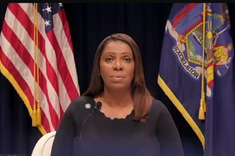 New York Attorney General Letitia James, shown here in a screen grab from a virtual news conference on Friday, a day after being indicted by the Justice Department on mortgage fraud charges.