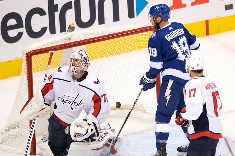 Braden Holtby made 26 saves on Monday, but not this one. The Capitals and their goalie will next face the Flyers on Thursday.
