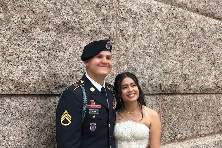 This photo provided by Jen Rickling shows U.S. Army staff sergeant, Matthew Blank, left, and his wife, Annie Ramos, posing for a photo while celebrating their wedding, in March, 2026, in Houston.