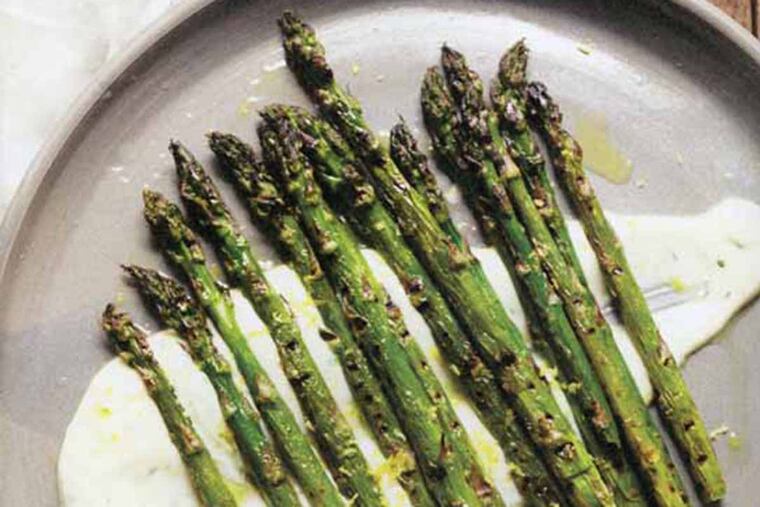 Grilled asparagus with lemony goat cheese cream from book, "Naturally Nourished" written by Sarah Britton.