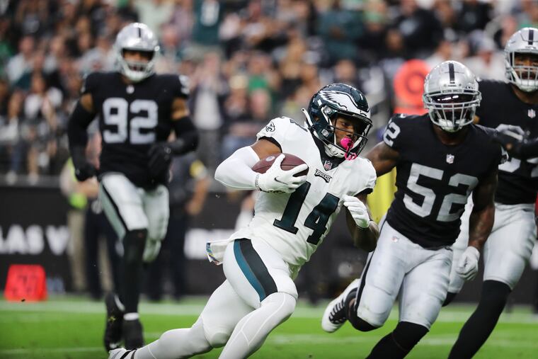 Philadelphia Eagles running back Kenneth Gainwell (14) scores a touchdown against Las Vegas Raiders on Sunday, October 24, 2021 at Allegiant Stadium in Las Vegas.