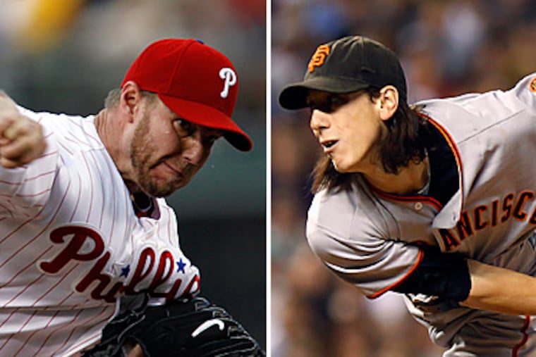 Former Cy Young winners Roy Halladay, left, and Tim Lincecum will square off in Game 1 of the NLCS tonight. (AP Photos)